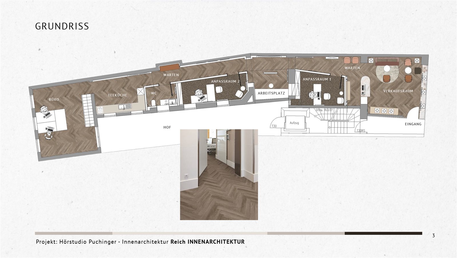 Grundriss des neuen Hörstudios — vom Verkaufsraum über zwei Anpassräume bis zu Büro und Teeküche